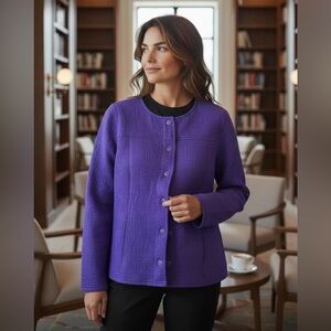 CHICO’S Regal Plum Purple Knit Snap Front Knit Texture Jacket Sz 2 Large NWT